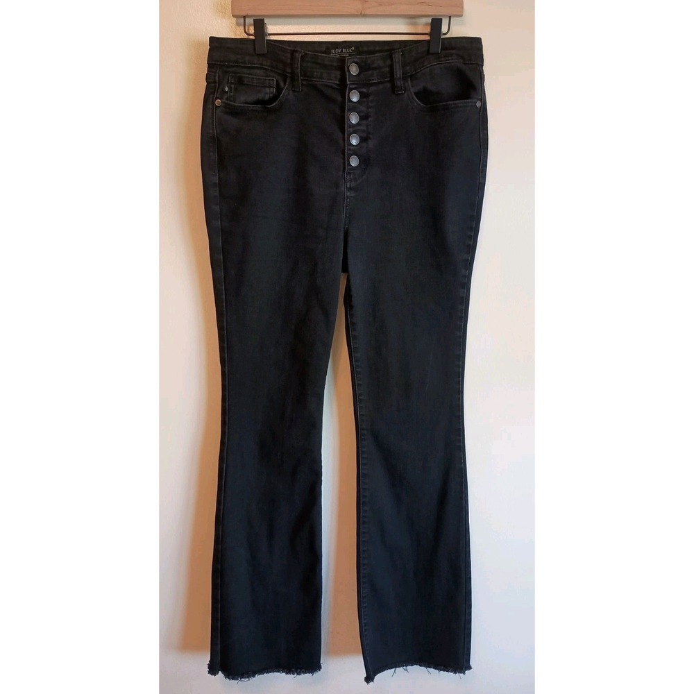 Judy Blue 15/32 Black High Rise Button Fly Bootcut Jeans Raw Hem Stretch